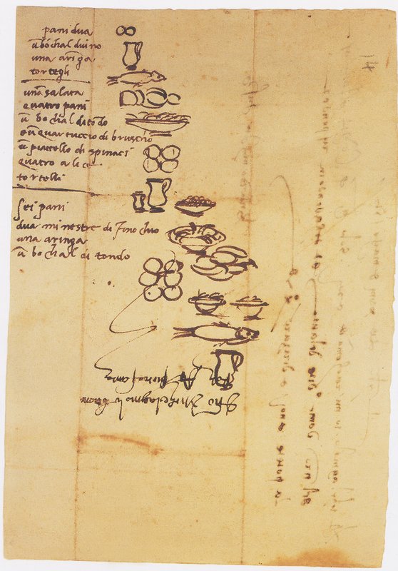 Michelangelo's grocery list with hand-drawn illustrations of food items